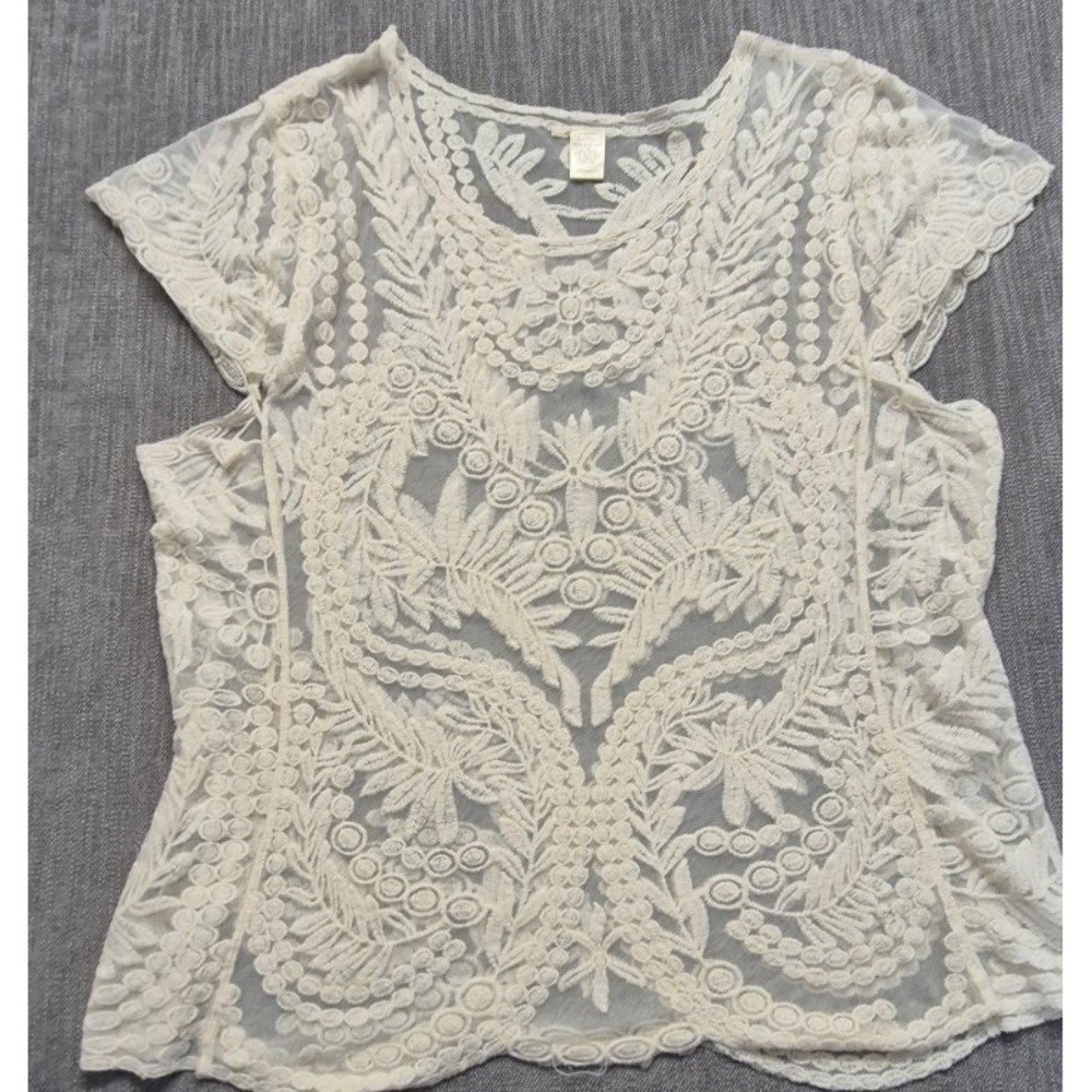 White sheer floral lace short sleeve top blouse‎ SZ unknown Cotton Blend women's